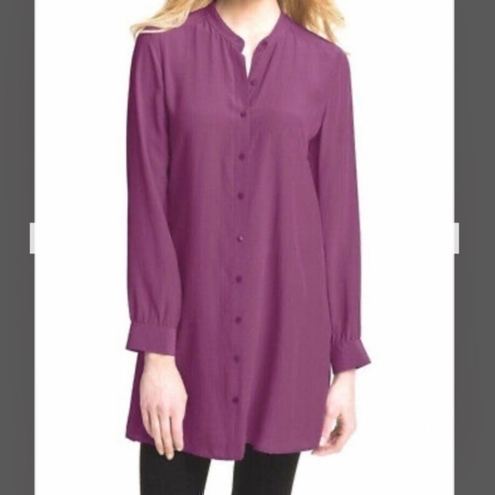 EILEEN FISHER Silk Crepe De Chine POMGR Mandarin Collar Tunic XS NWT $218 - Picture 5 of 9